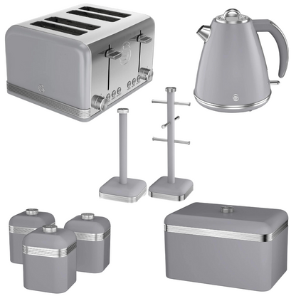 Swan Grey Kitchen Set Kettle 4 Slice Toaster Bread Bin Canisters Towel Pole Mug Tree Retro