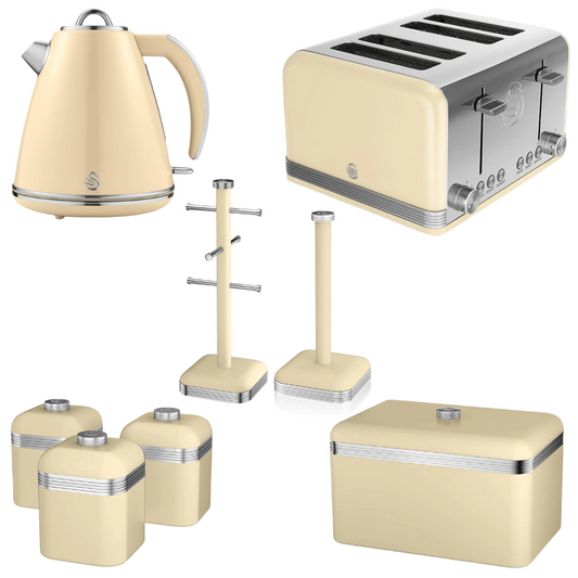 Swan Cream Beige Kitchen Set Kettle 4 Slice Toaster Bread Bin Canisters Roll Holder Mug Tree