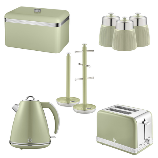 Swan Retro Green Kitchen Set - Kettle, Toaster, Bread Bin, Canisters