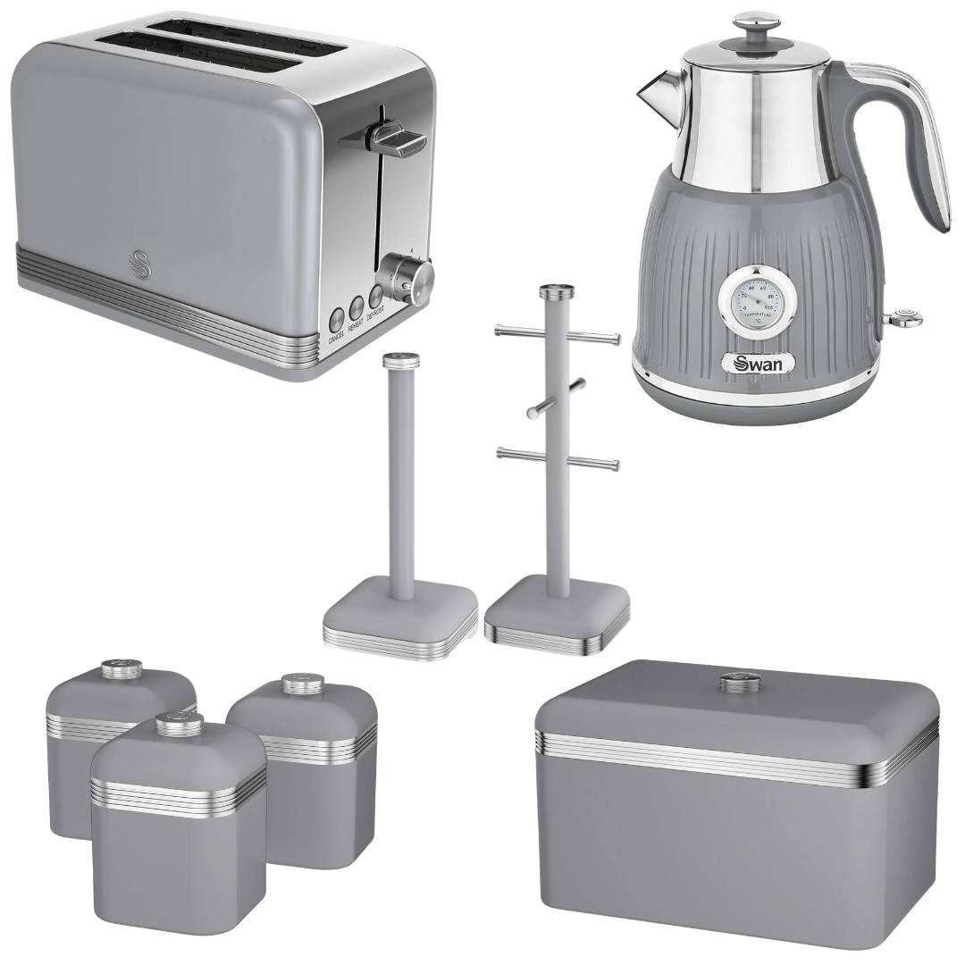 Swan Kitchen Grey Set Kettle 2 Slice Toaster Bread Bin Canisters Mug Tree Towel Pole