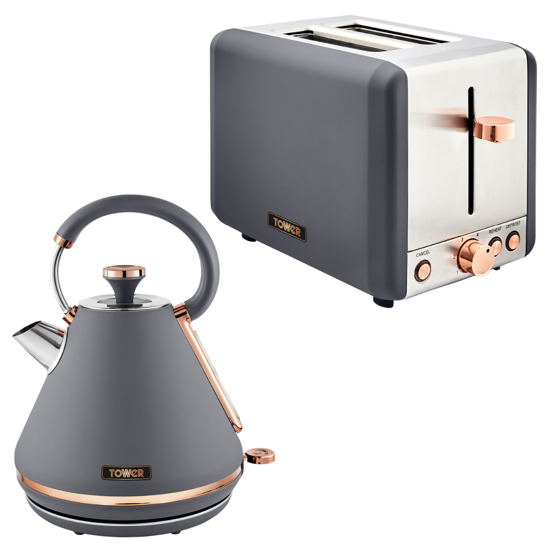 Tower Cavaletto Grey Kettle and 2 Slice Toaster Kitchen Set with Gold Accents