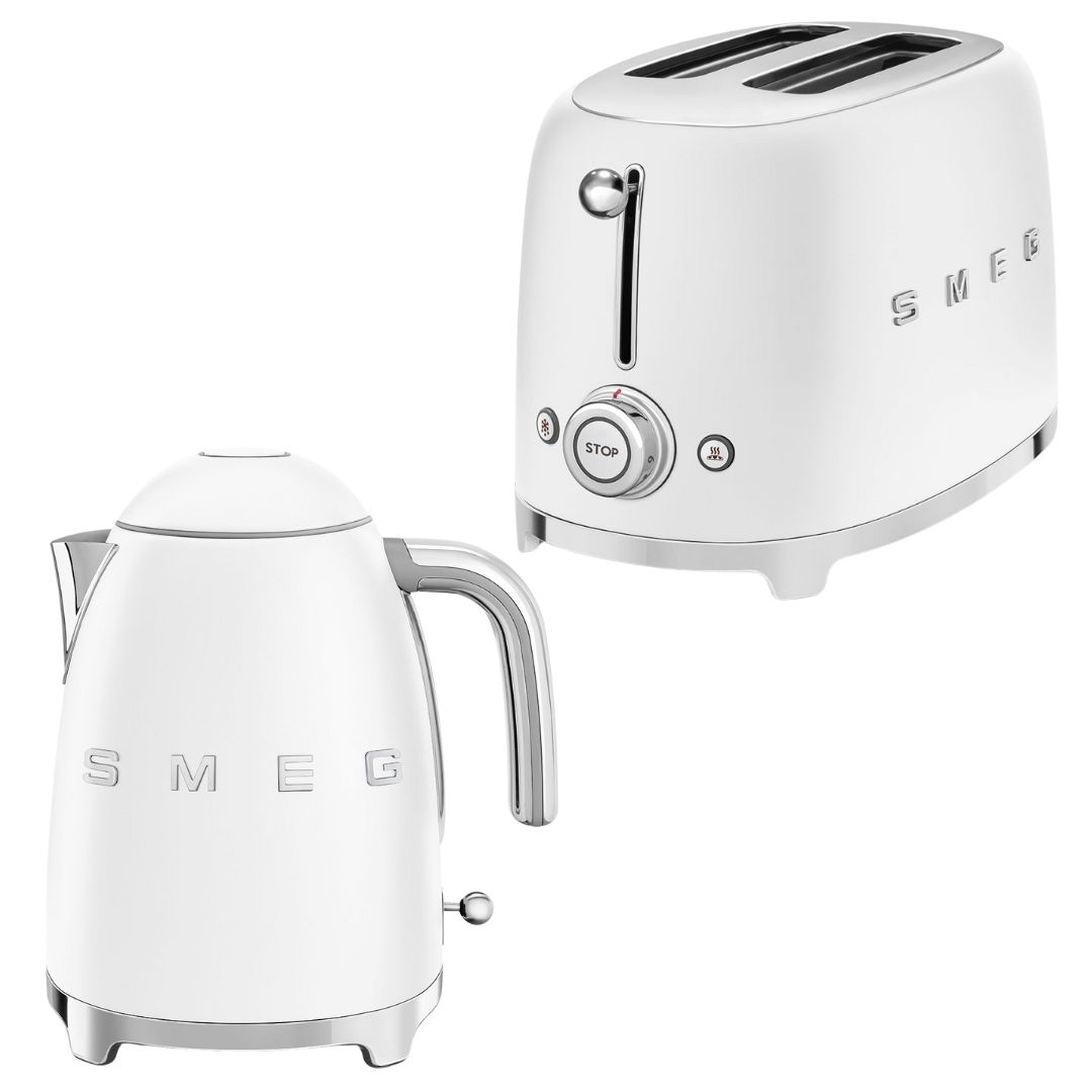 SMEG Kettle & 2 Slice Toaster Temperature Control Kitchen Set - Matte White