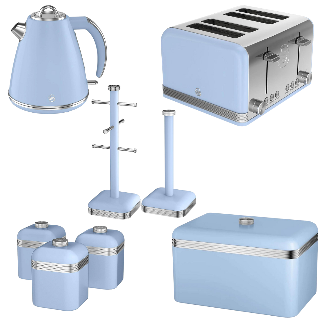 Swan Blue Kitchen Set Kettle 4 Slice Toaster Bread Bin Canisters Towel Pole Mug Tree Retro