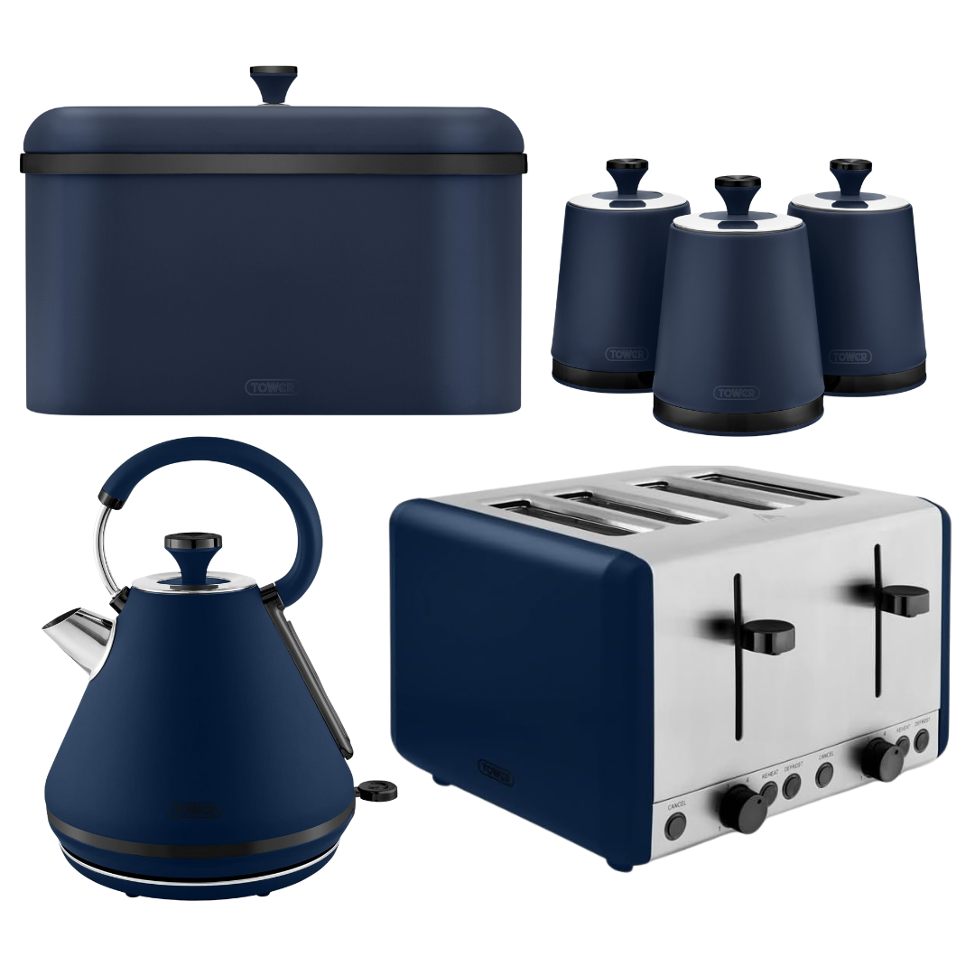 Tower Sera Kettle, Toaster, Bread Bin & Canister Kitchen Set (Midnight Blue)