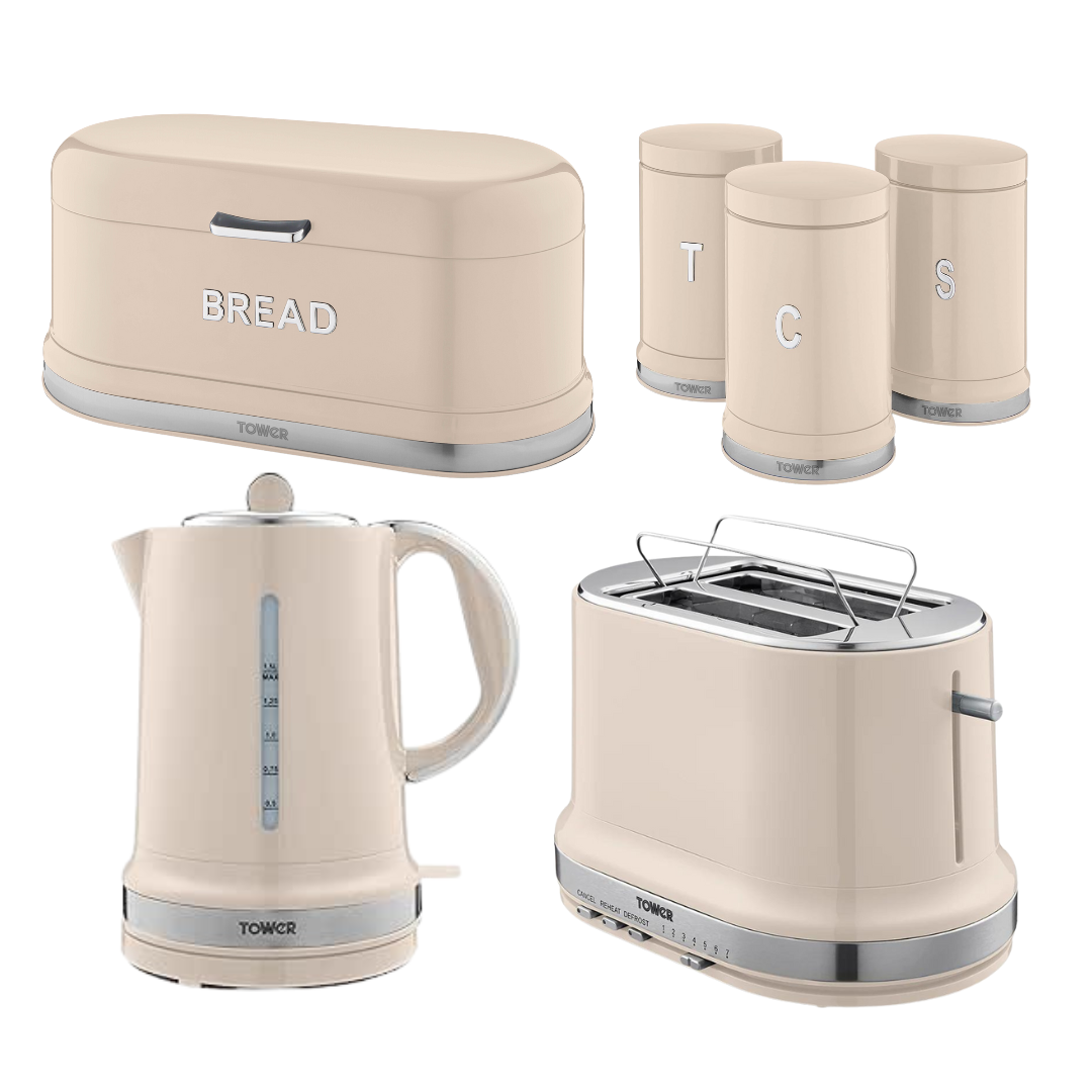 Tower Belle Kettle, Toaster, Bread Bin & Canisters Kitchen Set (Chantilly Cream)