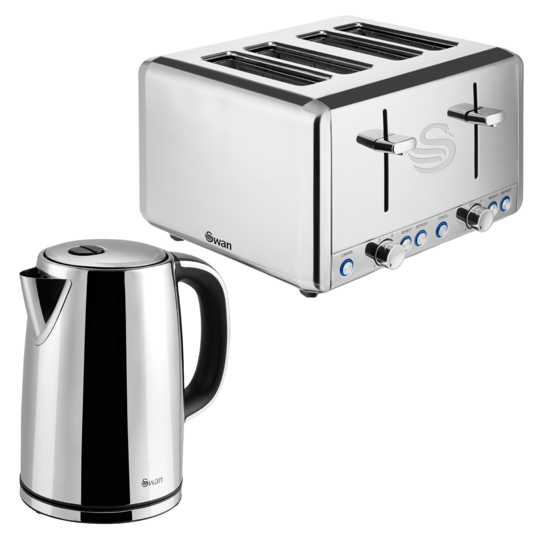 Swan Silver Kettle and 4 Slice Toaster Polished Stainless Steel Kitchen Set