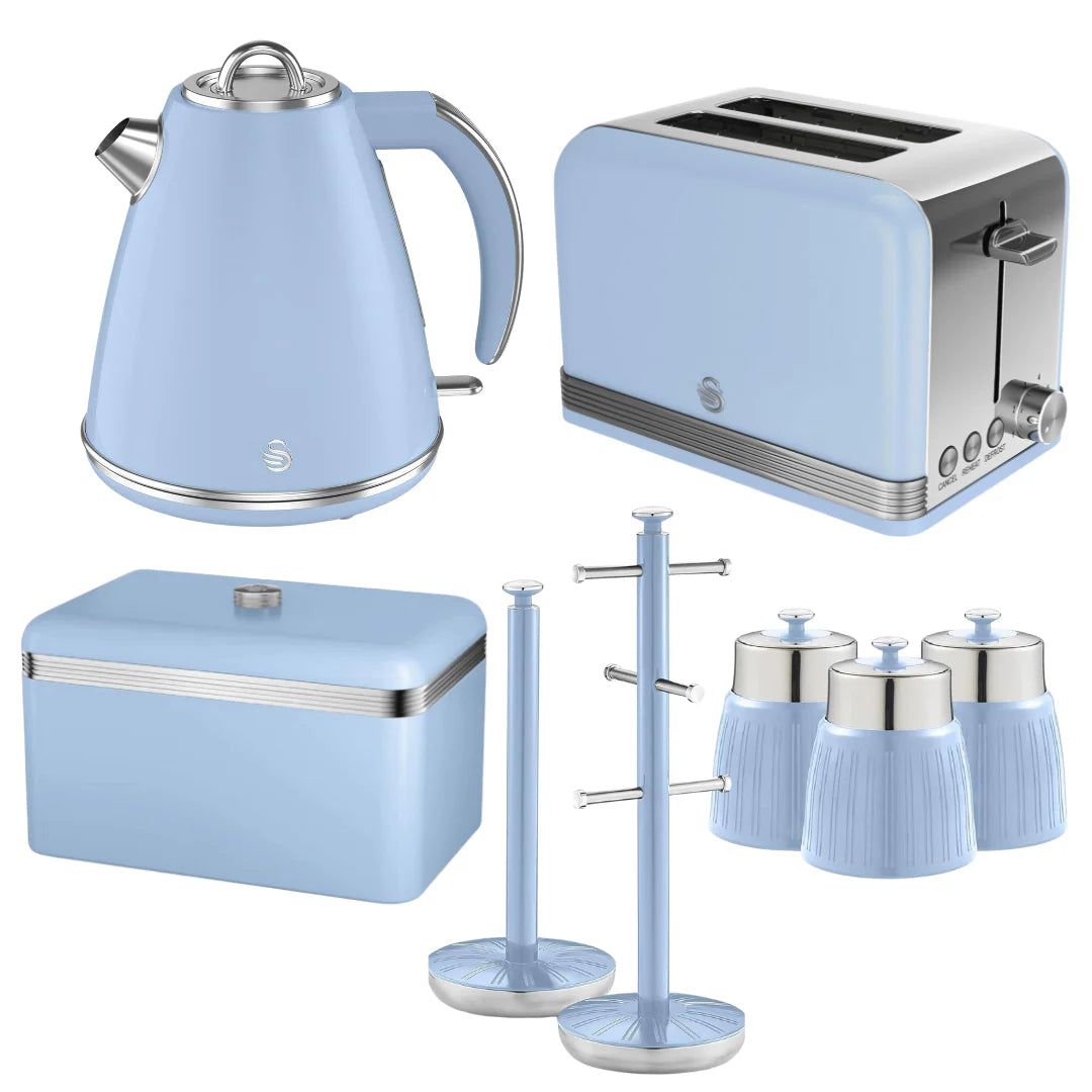 Swan Retro Blue Kitchen Kettle, Toaster, Canister, Bread Bin, Towel Holder & Mug Tree Set