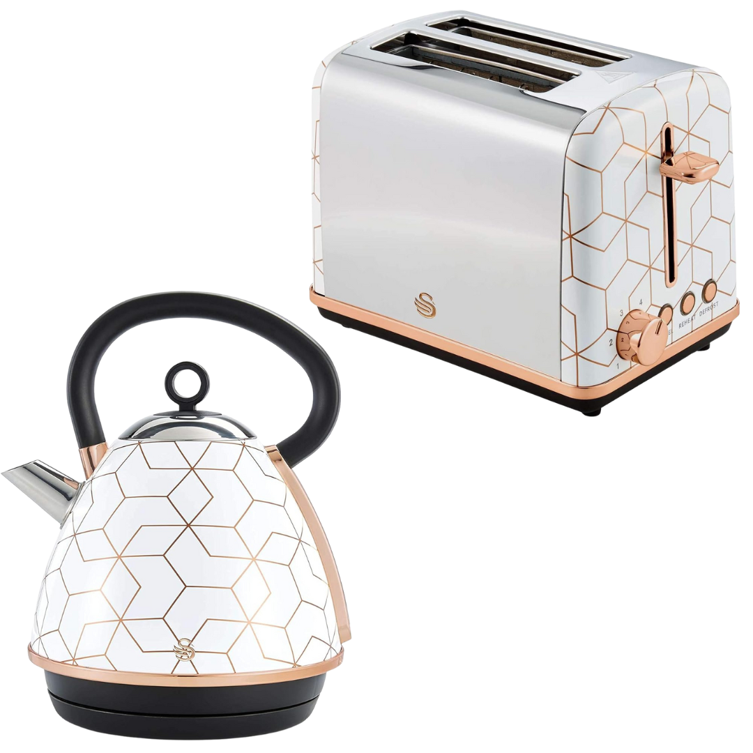 Swan Tribeca Kettle & 2 Slice Toaster Kitchen Set (White/Rose Gold)