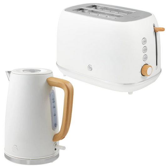 Swan Fjord Kettle & 2 Slice Toaster Kitchen Set (White)