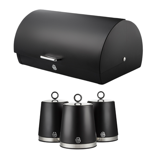 Swan Serenity Black Roll Top Bread Bin & Canisters Chrome Accents Kitchen Set