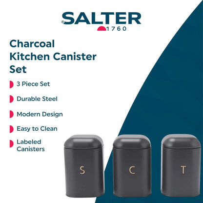 Salter Salter Pebble Bread Bin & Tea, Coffee, Sugar Canisters Storage Set (Charcoal)