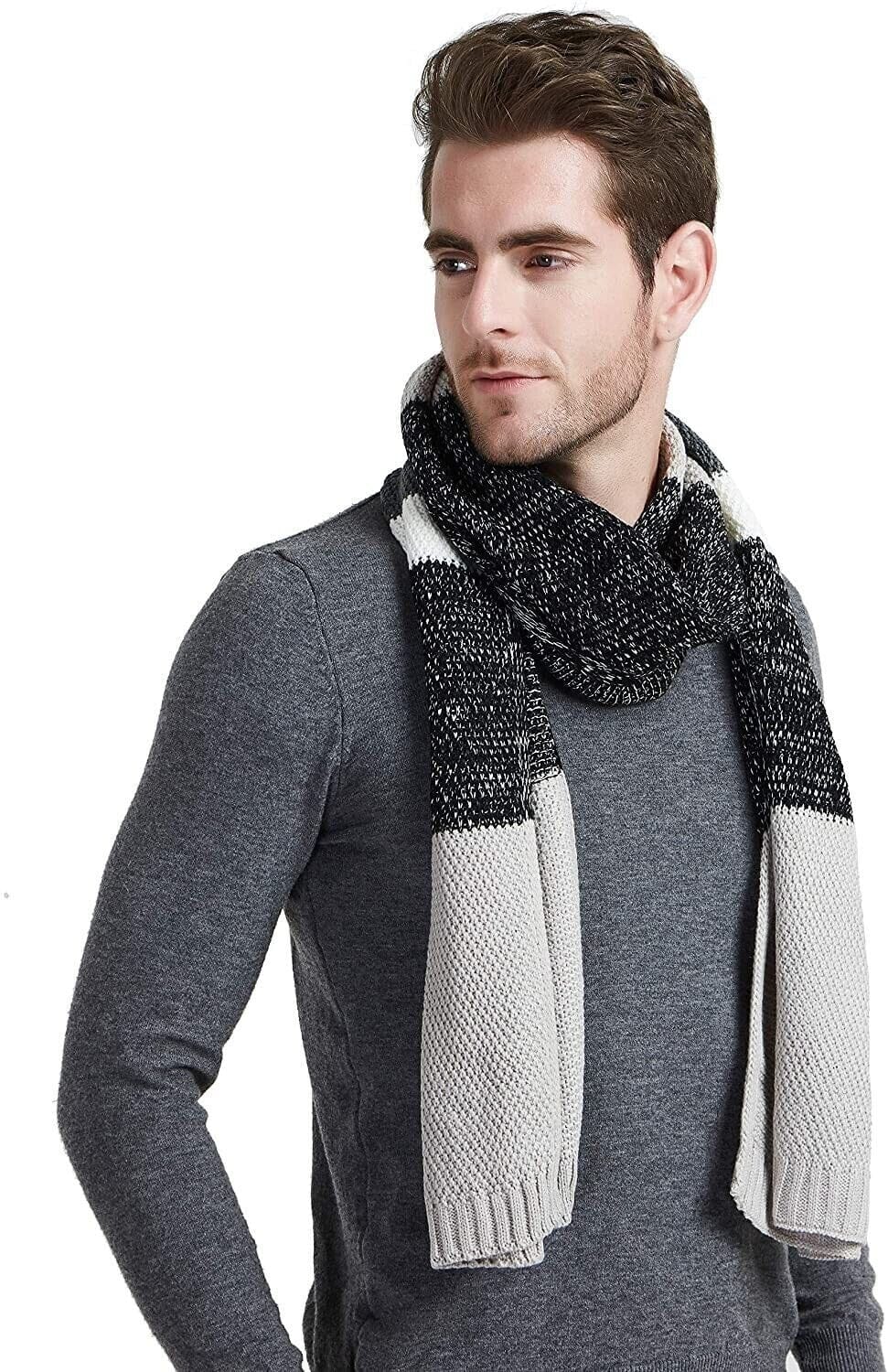 Mens Wool Cashmere-Feel Scarf Grey Stripe scarf Einsky 