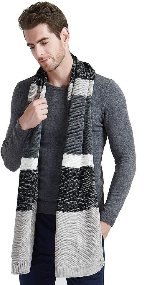 Mens Wool Cashmere-Feel Scarf Grey Stripe scarf Einsky 