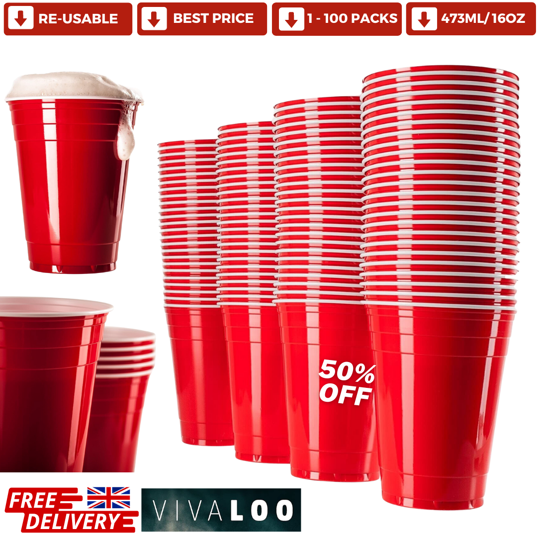 Vivaloo red plastic party cups stack with 50% off offer badges