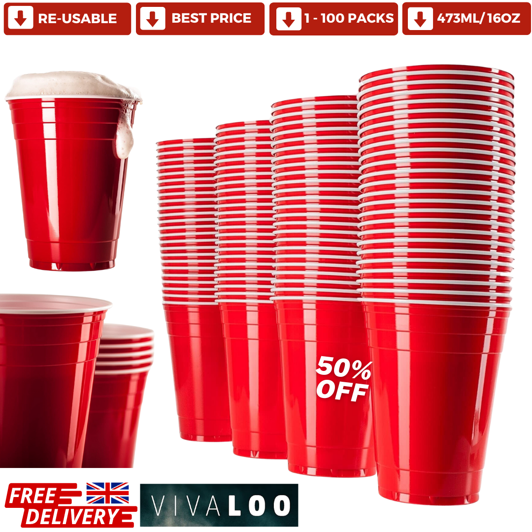 Large Plastic Cups Party BBQ Events Reusable / Disposable Red VIVALOO