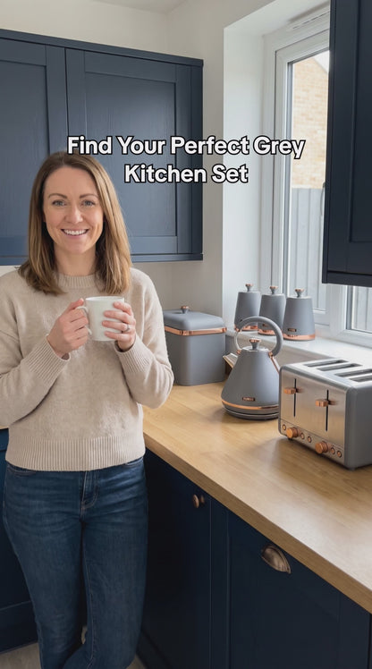 Tower Cavaletto Pyramid Kettle, 4 Slice Toaster, Bread Bin & Canisters Kitchen Set (Grey)