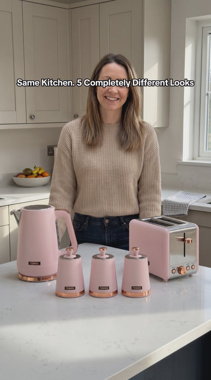 Tower Cavaletto Jug Kettle, 2 Slice Toaster & Canisters Kitchen Set (Marshmallow Pink)