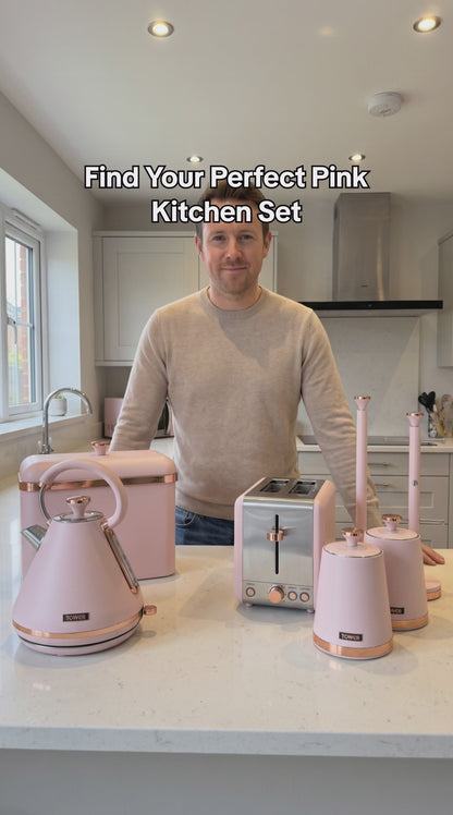 Tower Cavaletto Pyramid Kettle, 2 Slice Toaster, Bread Bin & Canisters Kitchen Set (Marshmallow Pink)