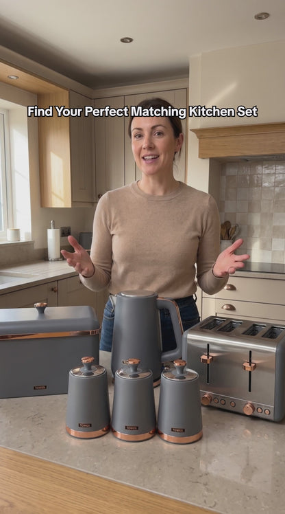 Tower Cavaletto Jug Kettle, 4 Slice Toaster, Bread Bin & Canisters Kitchen Set (Grey)