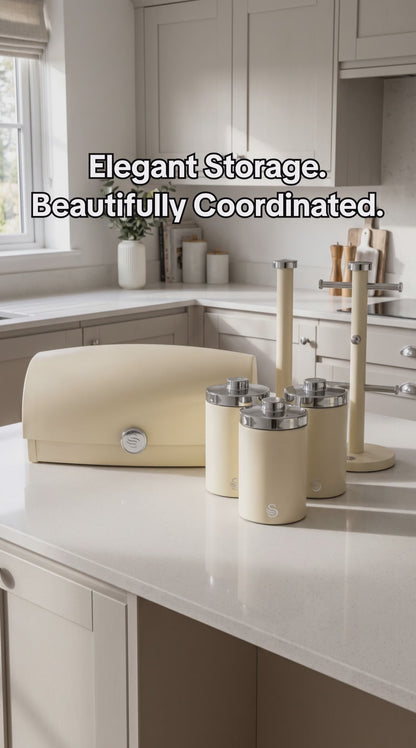 Swan Townhouse Bread Bin, Canisters, Towel Pole & Mug Tree Storage Set (Cream)