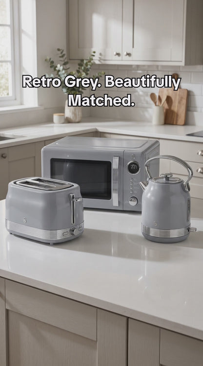 Swan Retro Pyramid Kettle, 2 Slice Toaster & Microwave Kitchen Set (Grey)