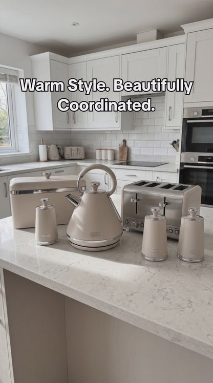 Tower Cavaletto Pyramid Kettle, 4 Slice Toaster, Bread Bin & Canisters Kitchen Set (Latte)
