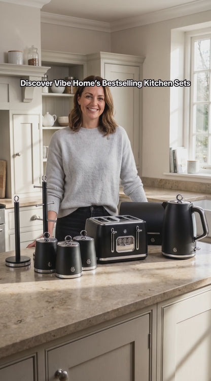 Swan Serenity Kettle, 4 Slice Toaster, Bread Bin, Canisters, Mug Tree & Towel Pole Kitchen Set (Black)