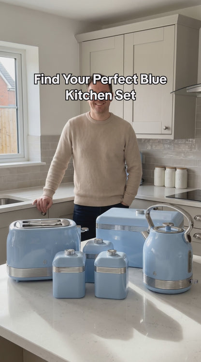 Swan Retro Pyramid Kettle, 2 Slice Toaster, Bread Bin & Canisters Kitchen Set (Blue)