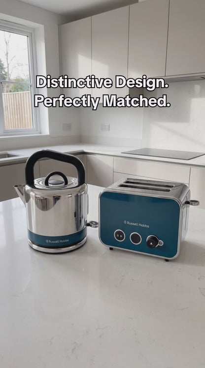 Russell Hobbs Distinctions Pyramid Kettle & 2 Slice Toaster Kitchen Set (Ocean Blue)