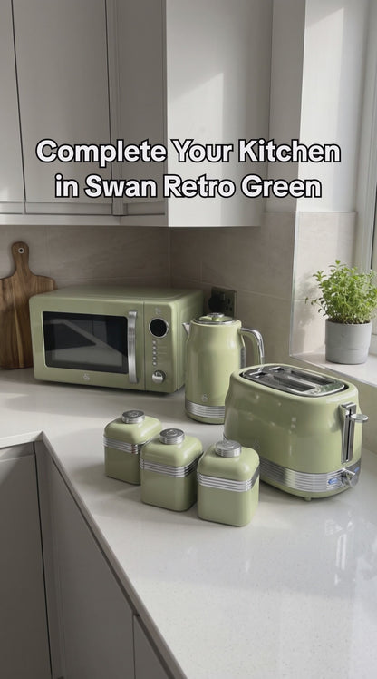 Swan Retro Jug Kettle, 2 Slice Toaster, Canisters & Microwave Kitchen Set (Green)