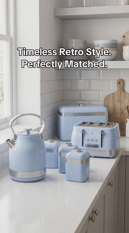 Swan Retro Pyramid Kettle, 4 Slice Toaster, Bread Bin & Canisters Kitchen Set (Blue)