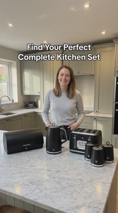 Swan Serenity Kettle, 4 Slice Toaster, Bread Bin & Canisters Kitchen Set (Black)