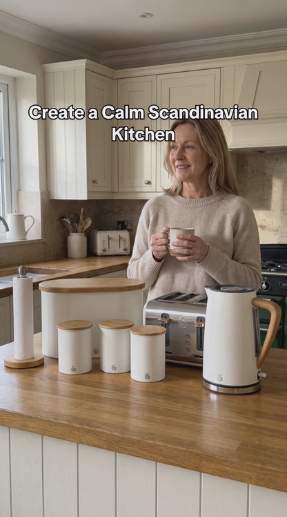 Swan Nordic Kettle, 4 Slice Toaster, Bread Bin, Canisters & Towel Pole Set (Cotton White)