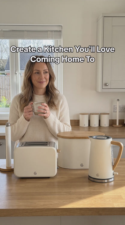 Swan Nordic Kettle, 2 Slice Toaster, Bread Bin, Canisters & Towel Pole Set (Cotton White)