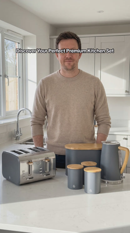 Swan Nordic Kettle, 4 Slice Toaster, Bread Bin & Canisters Kitchen Set (Grey)