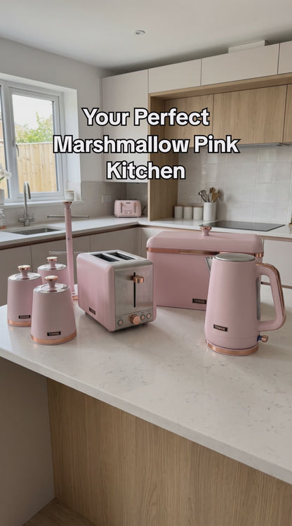 Tower Cavaletto Jug Kettle, 2 Slice Toaster, Bread Bin, Canisters, Towel Pole & Mug Tree Set (Marshmallow Pink)