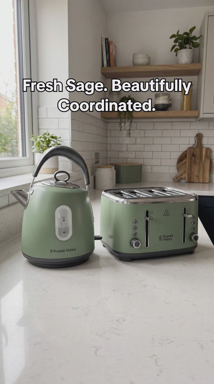 Russell Hobbs Stylevia Pyramid Kettle & 4 Slice Toaster Kitchen Set (Sage Green)
