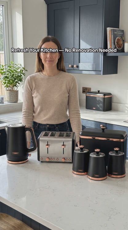 Tower Cavaletto Jug Kettle, 4 Slice Toaster, Canisters & Bread Bin Kitchen Set (Black)