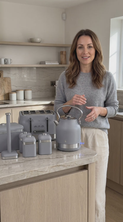 Swan Retro Pyramid Kettle, 4 Slice Toaster, Bread Bin, Canisters & Towel Pole Kitchen Set (Grey)