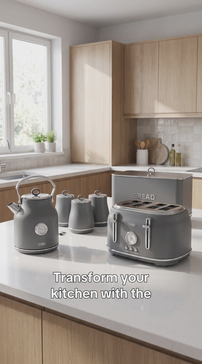 Tower Renaissance Kettle, 4 Slice Toaster, Bread Bin & Canisters Kitchen Set (Grey)