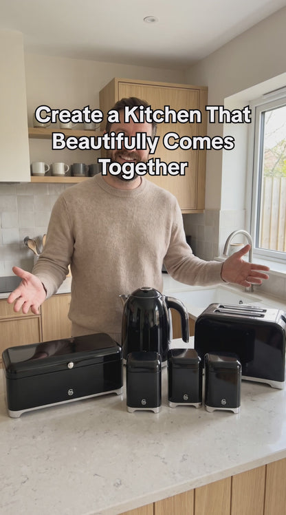 Swan Solace Jug Kettle, 2 Slice Toaster, Bread Bin & Canisters Kitchen Set (Black)