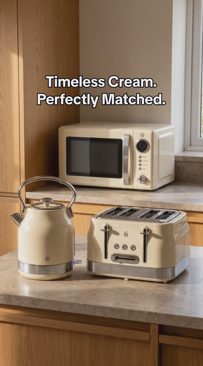 Swan Retro Pyramid Kettle, 4 Slice Toaster & Microwave Kitchen Set (Chantilly Cream)