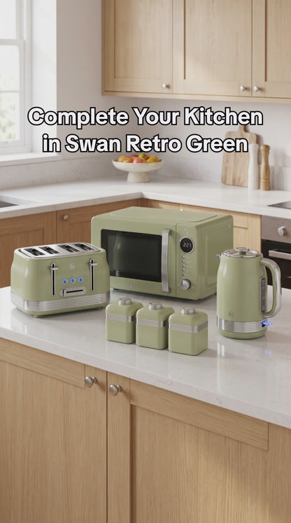 Swan Retro Jug Kettle, 4 Slice Toaster, Canisters & Microwave Kitchen Set (Green)
