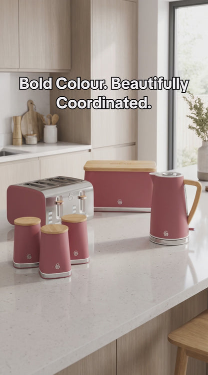 Swan Nordic Kettle, 4 Slice Toaster, Bread Bin & Canisters Kitchen Set (Fuchsia Rose)