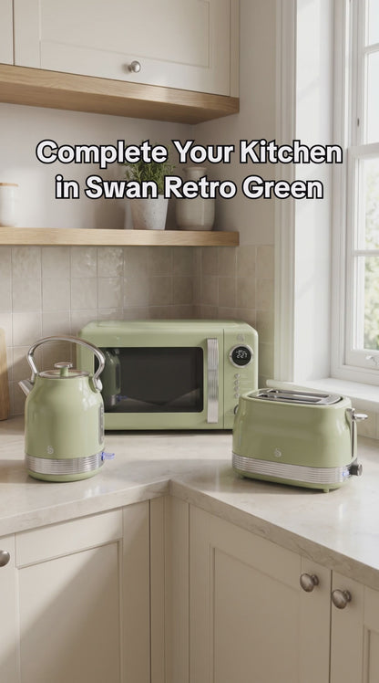 Swan Retro Pyramid Kettle, 2 Slice Toaster & Microwave Kitchen Set (Green)