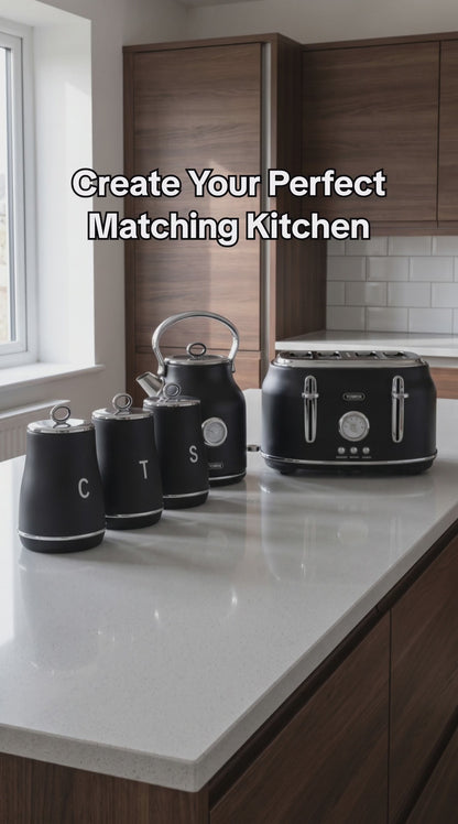 Tower Renaissance Kettle, 4 Slice Toaster & Canisters Kitchen Set (Black)