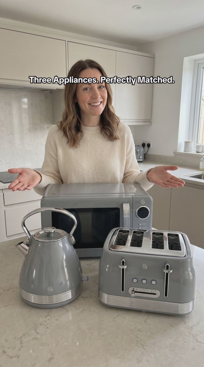 Swan Retro Pyramid Kettle, 4 Slice Toaster & Microwave Kitchen Set (Grey)