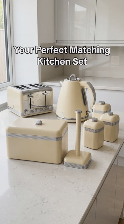 Swan Retro Kettle, 4 Slice Toaster, Bread Bin, Canisters & Towel Pole Set (Cream)