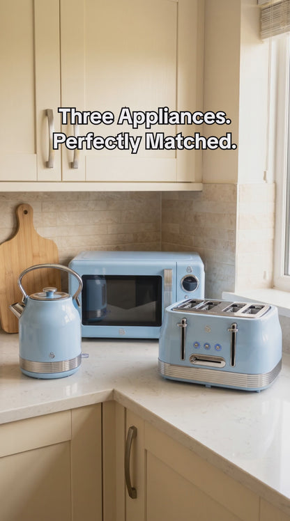 Swan Retro Pyramid Kettle, 4 Slice Toaster & Microwave Kitchen Set (Blue)