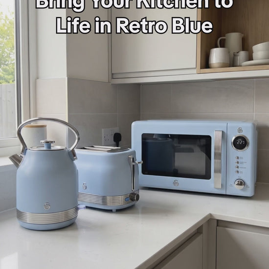 swan retro blue kettle toaster microwave set